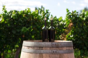 wine bottles on barrel in vineyard