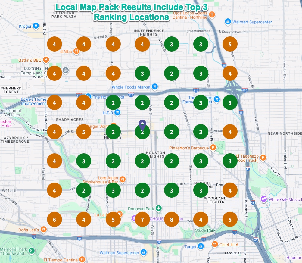 Local Map Pack Grid showing Top ranking locations for targeted searches in SEO.